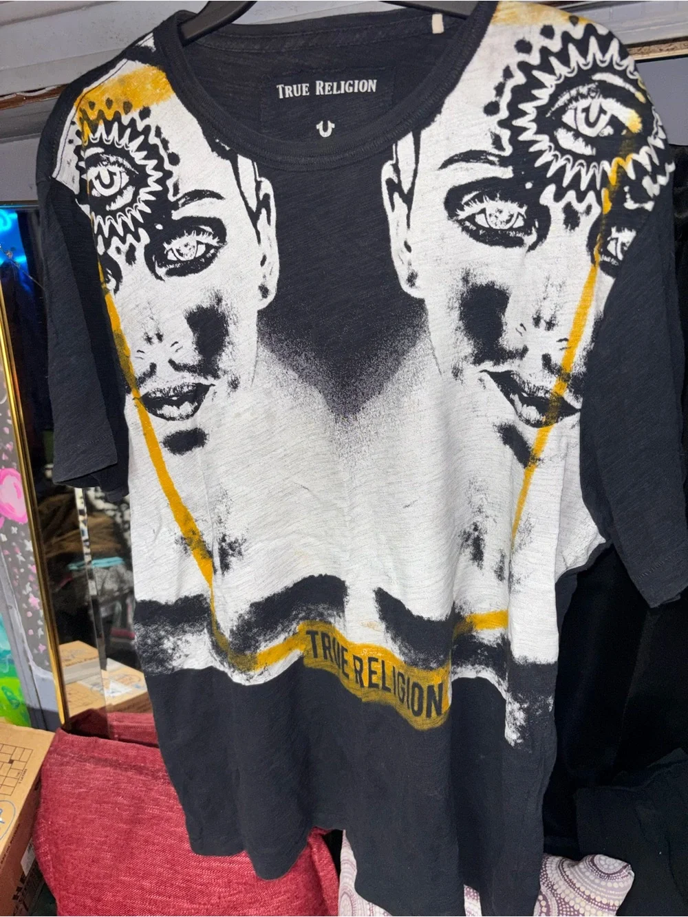 True Religion Black White Tee with Yellow Frame Graphic